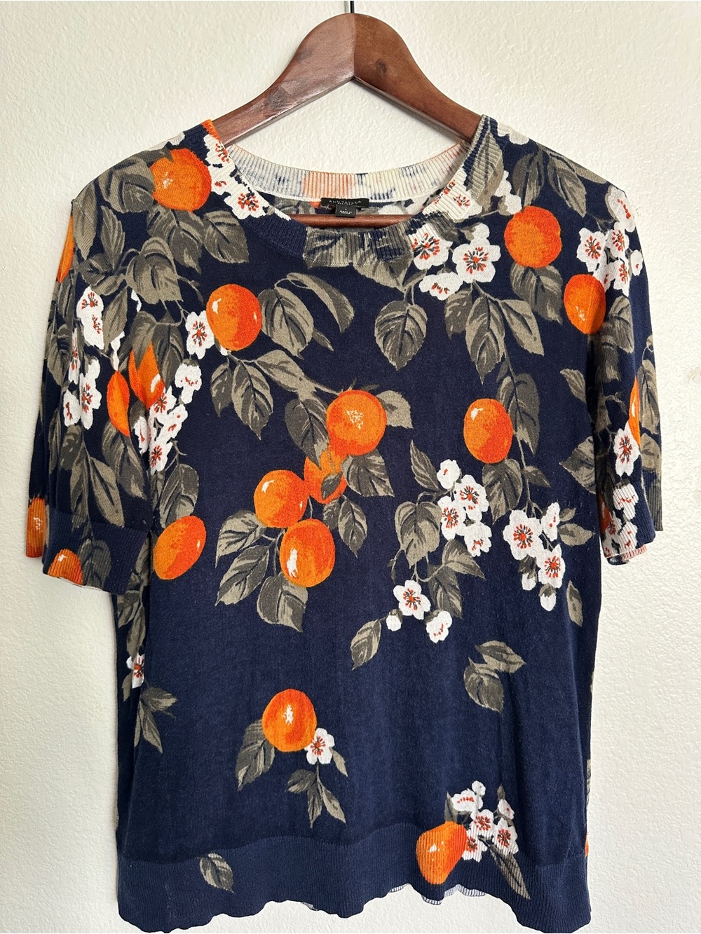 Ann Taylor Factory Navy Short Sleeve Top with Orange Floral Print